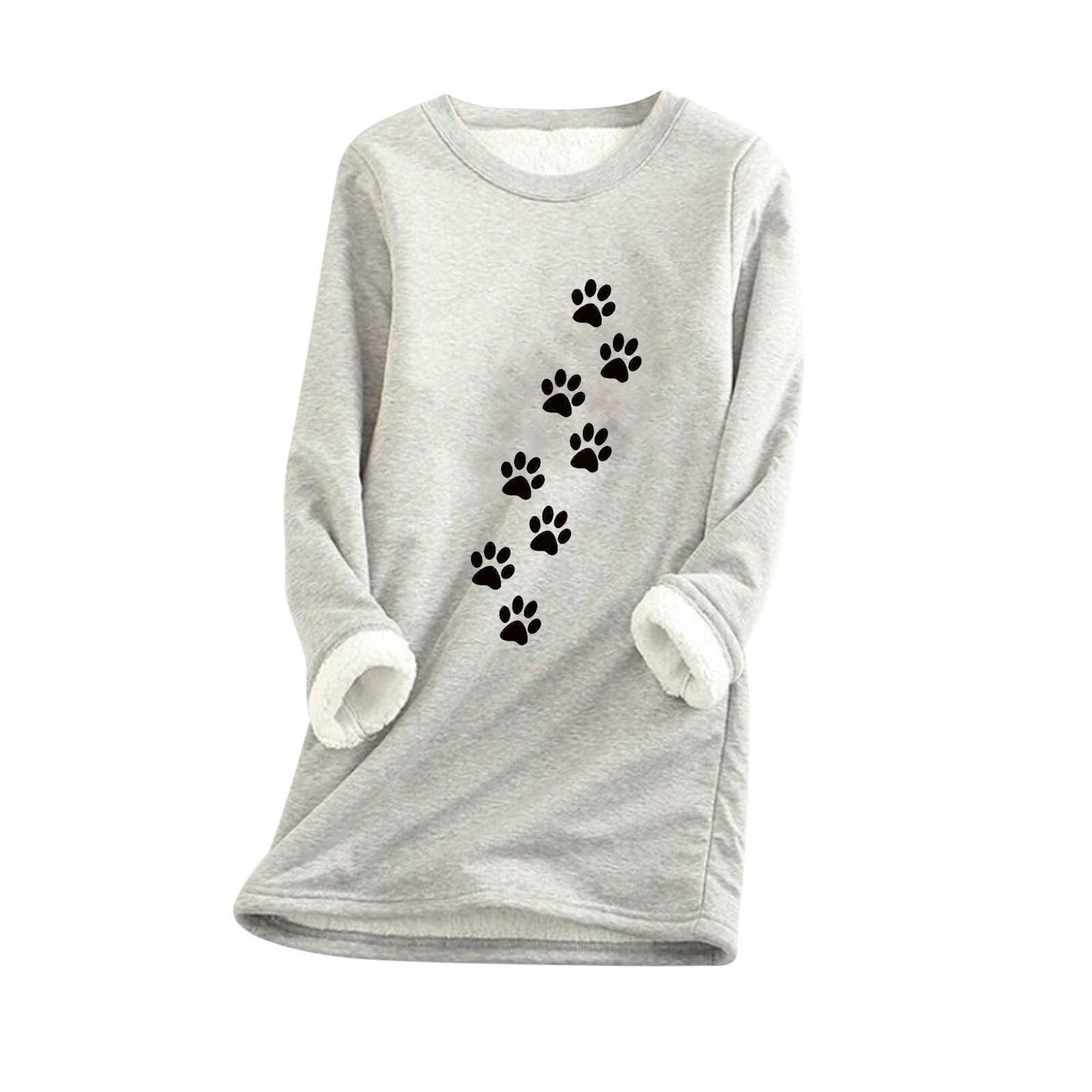 Mzkdieey Women's Cute Dog Paw Print Sherpa Lined Pullover Top Warm Fleece Sweatshirt Casual Thermal Sweater Loungewear