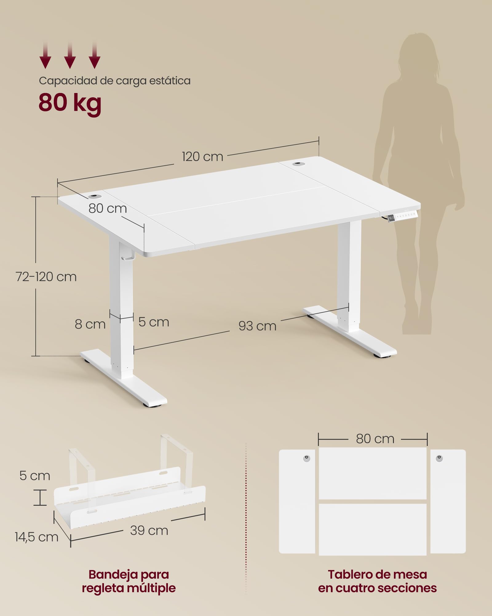 VASAGLE Escritorio Elevable Eléctrico, Mesa Ajustable en Altura con Carga Rápida Tipo C, Memoria de Altura y Caja de Cables, 120 x 80 x (72-120) cm, Blanco, para Oficina, Colección Balok LSD142WZ02