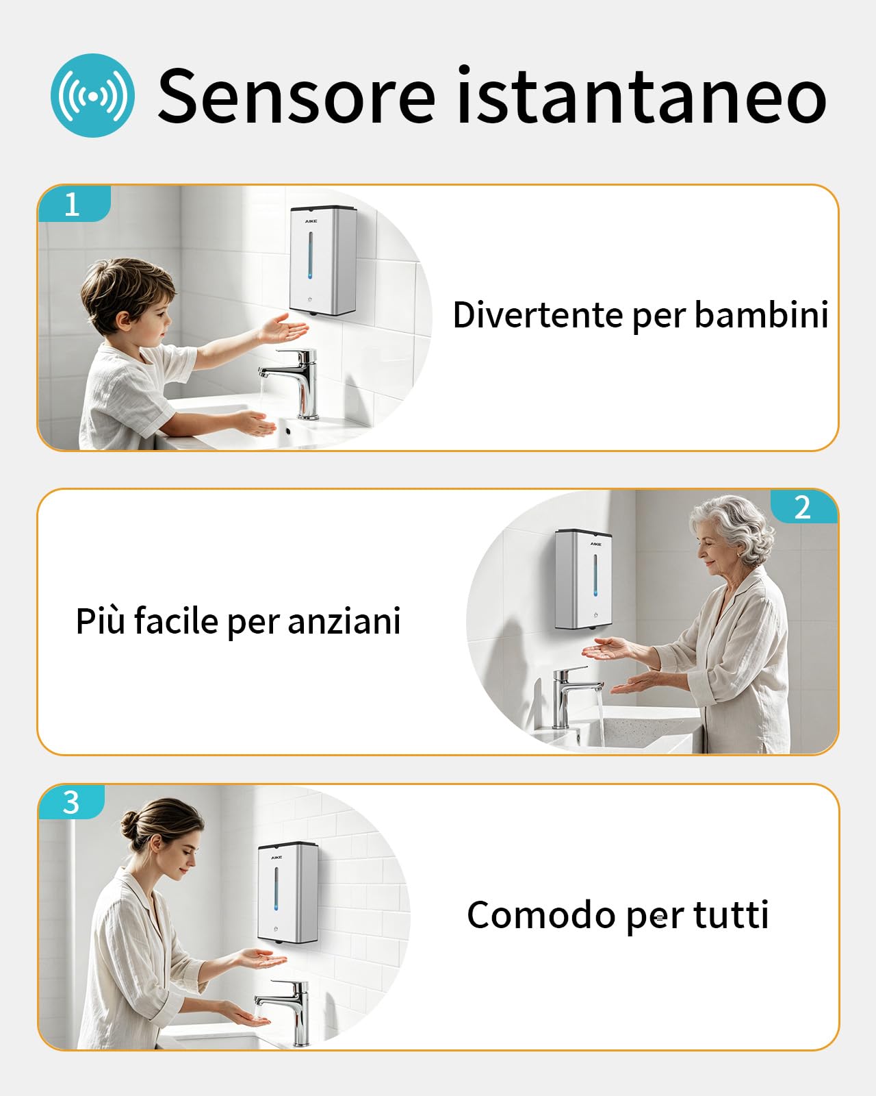 AIKE Dispenser Sapone Schiuma Automatico, A Parete Per Uso Commerciale, 1000ML Acciaio Inossidabile Per Sapone Mani Schiumogeno, AK1207FA