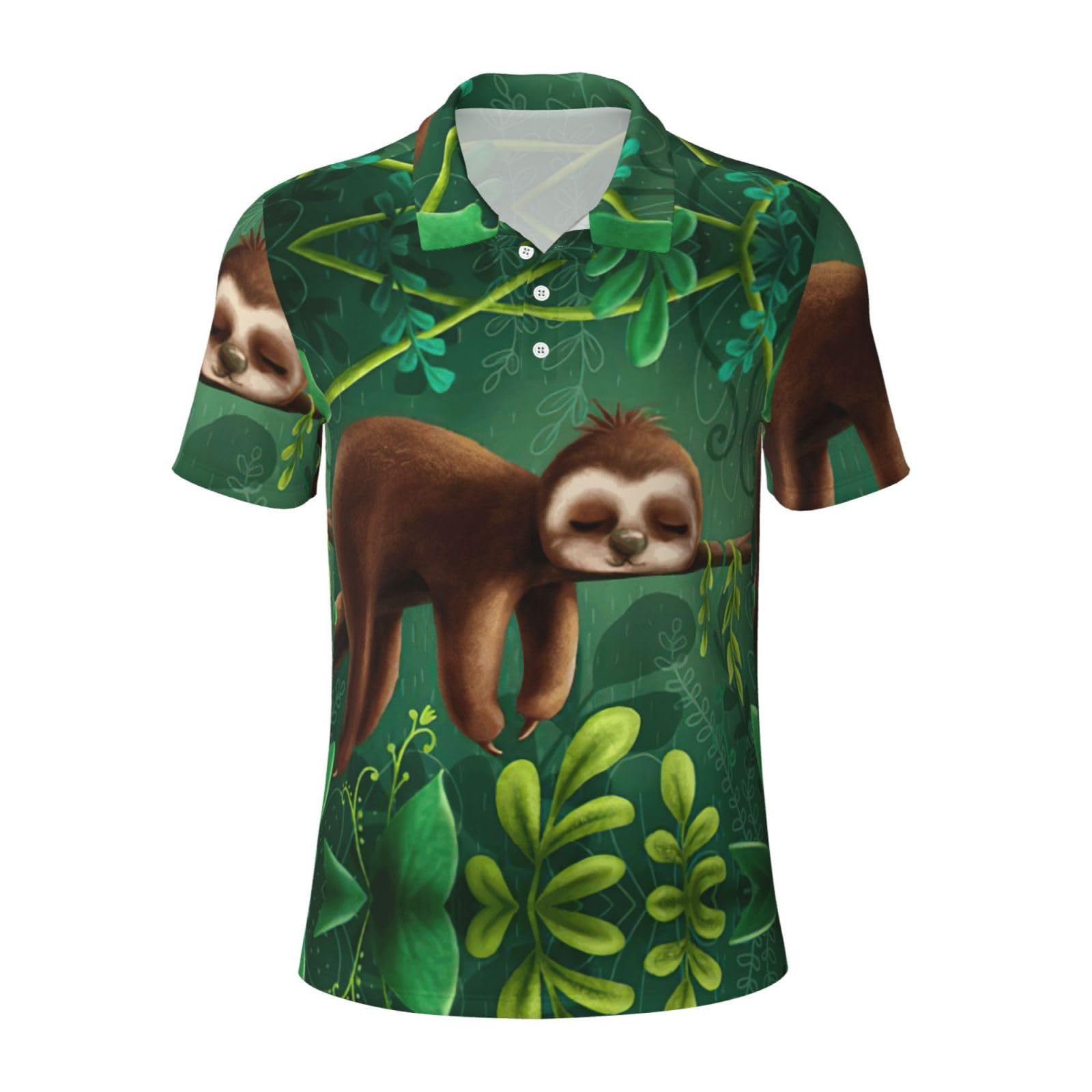 EdWal Cute Funny Sloth Relaxing On The Jungle Tree Print Men's Polo Shirts Short Sleeve, Moisture Wicking Golf Shirts for Men, for Casual Sporty Black