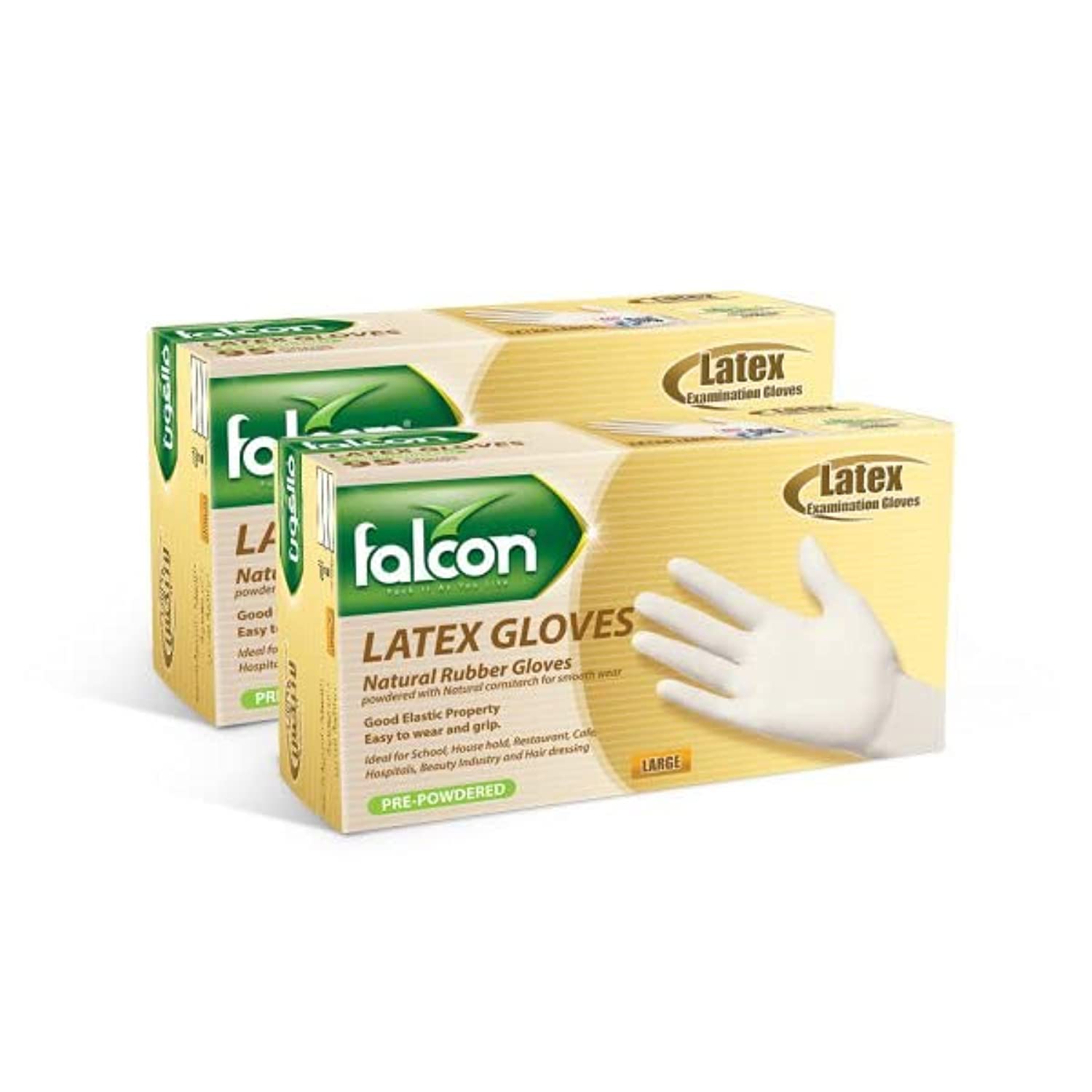 Falcon Latex Gloves With Powder, Pre-powdered, Large (2 Packs x 100 Pieces)