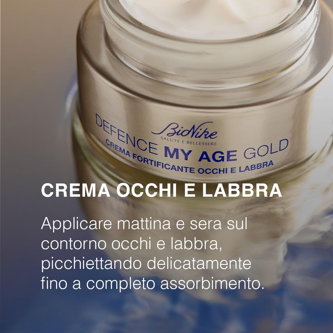BioNike Defence My Age Gold - Crema Contorno Occhi e Labbra Antirughe con Acido Ialuronico, Trattamento Fortificante per Levigare, Distendere e Rivitalizzare la Pelle Matura, 15ml