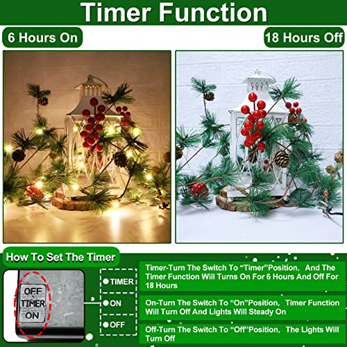 [ Timer ] 10 Ft Prelit Christmas Garland 30 Lights Pine Needles Red Berries Pinecones Battery Operated Artificial Greenery Garland Holiday Mantel Fireplace Christmas Decoration Home Indoor(Warm White) #TOP1