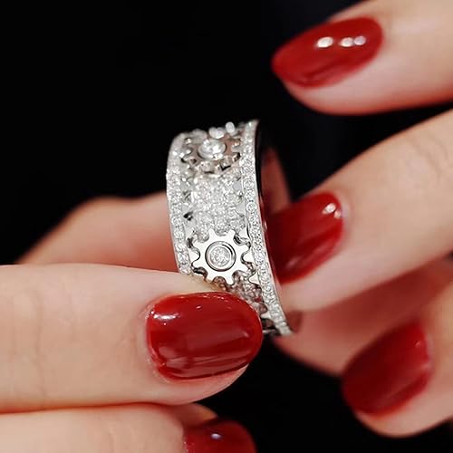 Miniatura 4 de Anillos giratorios para aliviar la ansiedad y el estrés para hombre, anillo mecánico giratorio para parejas (diamante completo plateado 9)