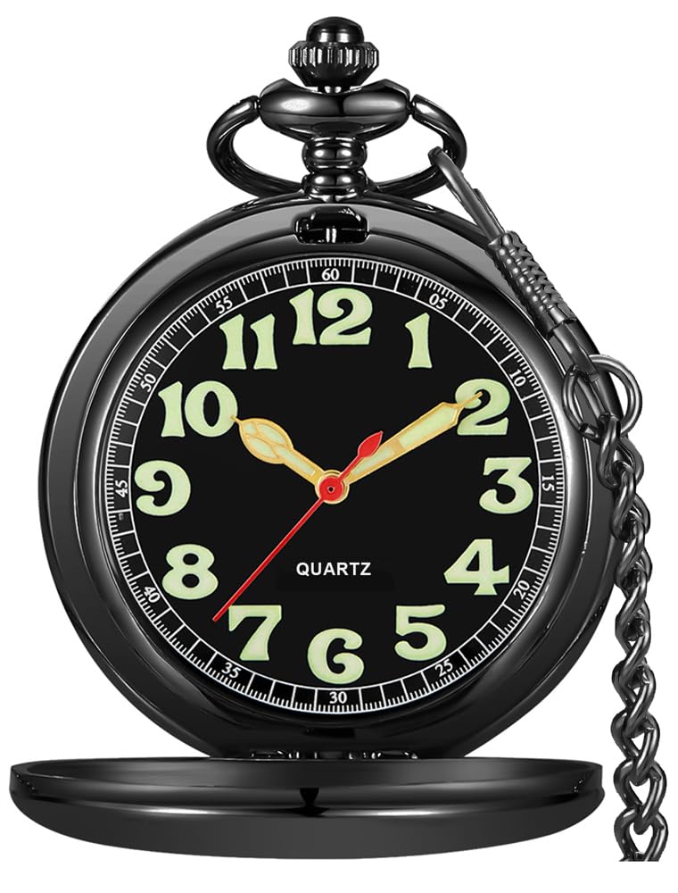 Reloj de bolsillo de cuarzo negro Tiong con números arábigos y cadena para regalar 8