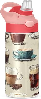 Coffee Cup Art Insulated Water Bottle with Straw Handle for Kids 12 OZ Stainless Steel Vacuum Insulated Cup for Hot and Cold Drinks Travel Tumbler for Toddler Girls