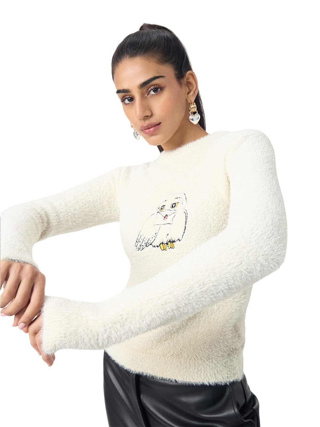 the souled store Harry Potter: Hedwig Women and Girls Full Sleeves Round Neck Off White Embroidered Nylon Regular Fit Soft Furry Casual Winter Pullover Sweaters-picture-23