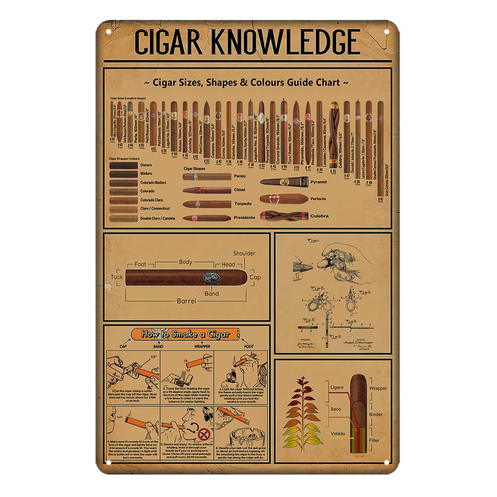 Cigar Knowledge Poster Man Cave Decor Cigar Quote Wall Decor Vintage Metal Tin Sign Cigars Accessories Cigar Gifts For Men Plaques For Home Living Room Kitchen Cafe Bar Garage Wall Decor 16x12 Inch