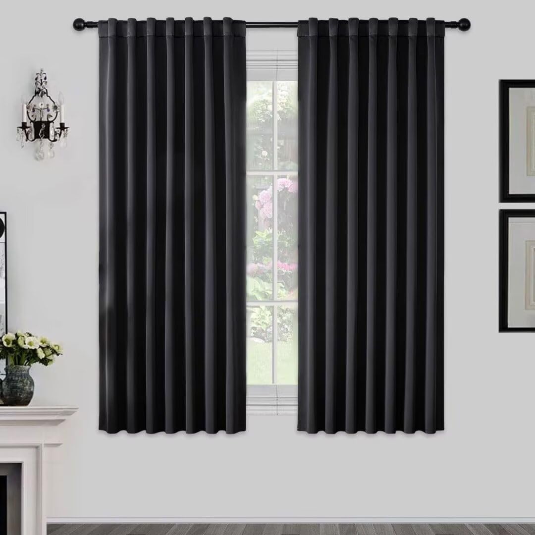 Joydeco 72 Inch Blackout Curtains for Bedroom, Black Out Curtains 72 Inch Long, Room Darkening Curtains & Drapes for Living Room Window Rod Pocket Back Tab (W52 x L72 Inch, Black) Black 52"W x 72"L (Pack of 2)