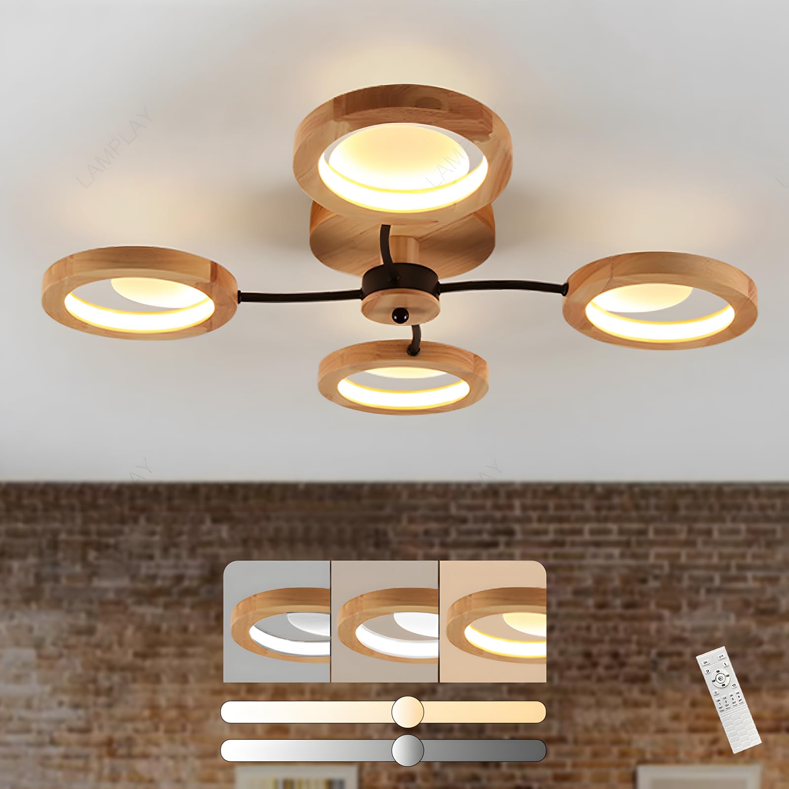 Moderne LED-Deckenleuchte, Ø74cm Kronleuchter Dimmbar Mit Fernbedienung 3000K-6000K, Schwarzer Arm + 4 Holzringe, Metallkreis-Lampenschirm, Wohnzimmer Schlafzimmer Esszimmer Arbeitszimmer Büro