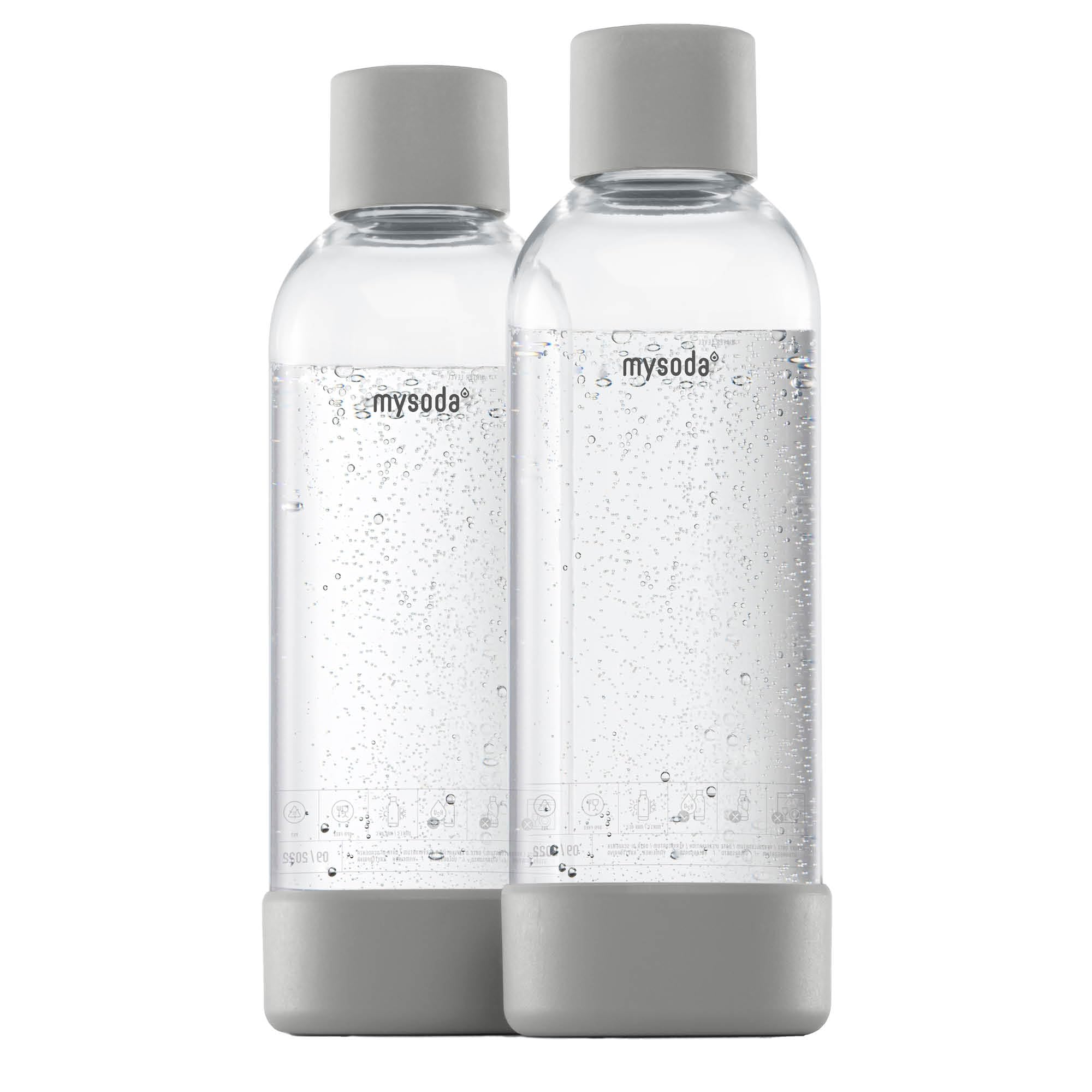 Mysoda: Wasserflasche für Wassersprudler, BPA-freies Plastik, mit Quick-Lock Schnellverschluss, Details aus Holzkomposit, 2 x 1L - Grau