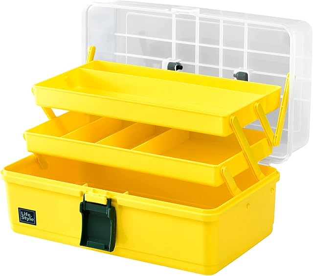 Calogy Lidded Storage Bins, Storage Box, 3 Layer Multifunctional Plastic Organizing Box with Handle, Fits for Medicine, Art Supply, Makeup, Nail, Sewing, and Kitchen Gadget (Yellow)