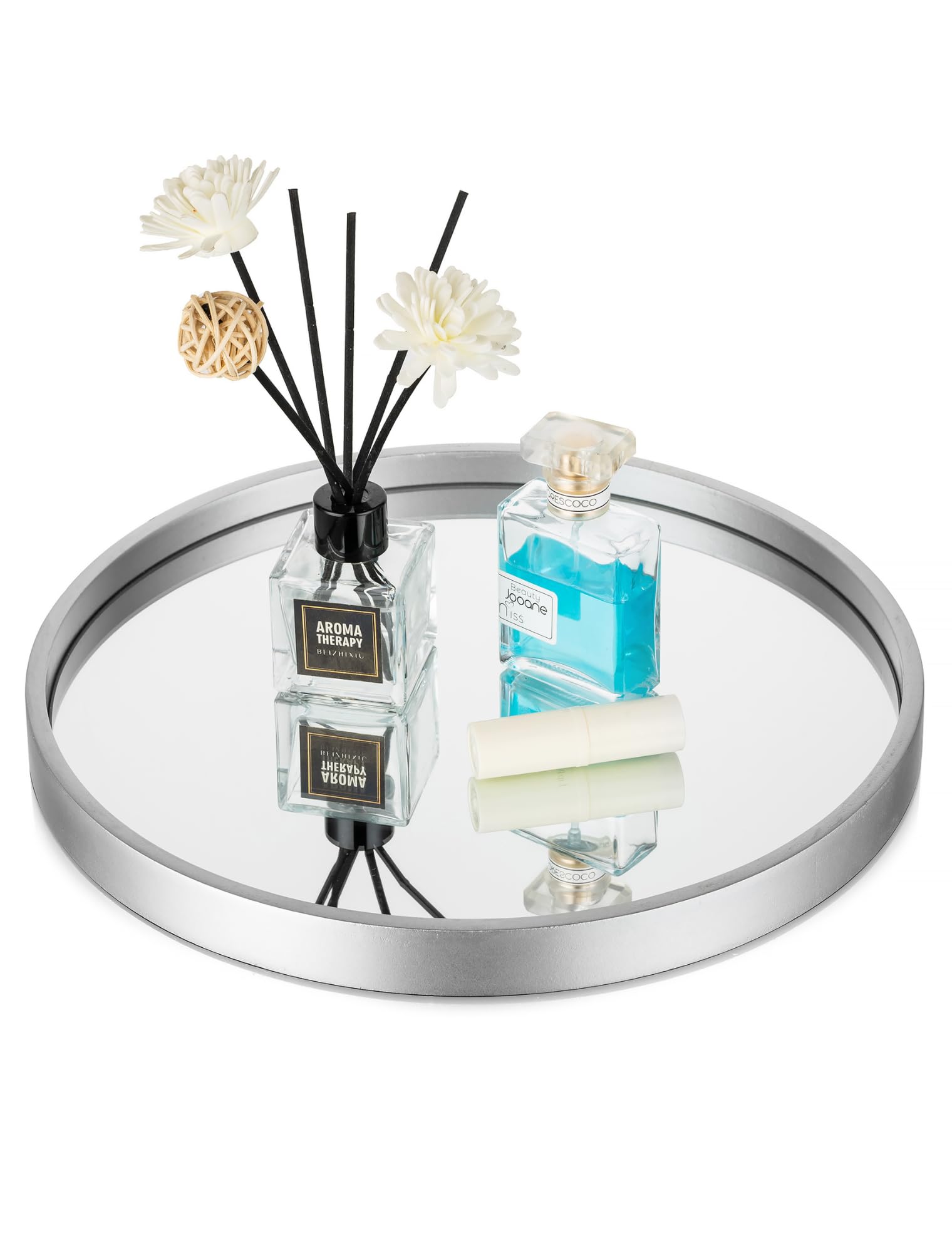 Hanobe Bandeja de tocador de baño con Espejo: Organizador de Perfume Plateado champán, bandejas Decorativas Modernas, bandejas Redondas de Madera para Maquillaje, Joyas, tocador, Soporte para | Bandejas redondas decorativas de espejo de 12 pulgadas para m