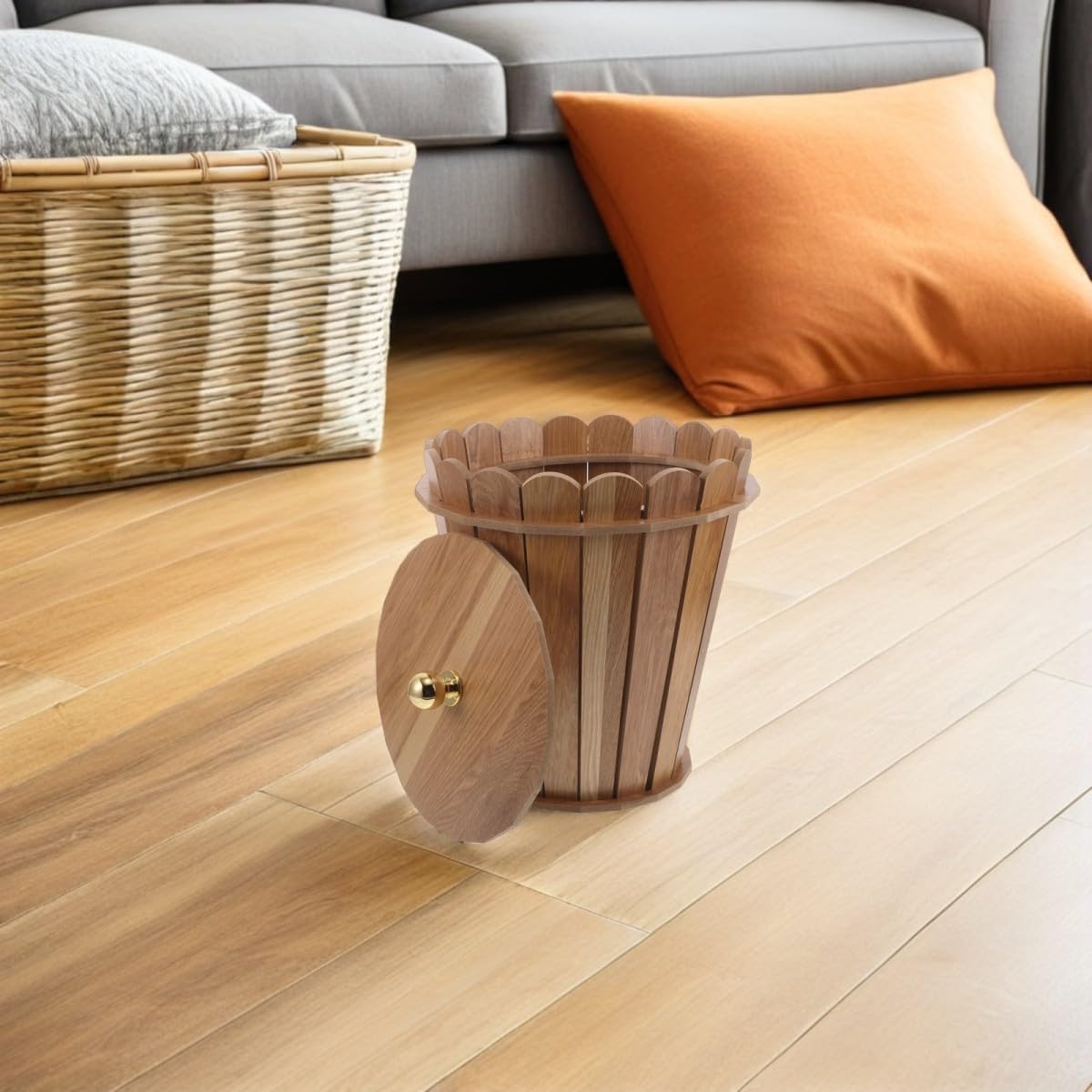 NUOBESTY Runder Stabiler Holz Mülleimer in Khaki für Bad und Büro mit Rustikalem Bauernhausstil und Stilvollem Holzdesign für Vielseitige Nutzung
