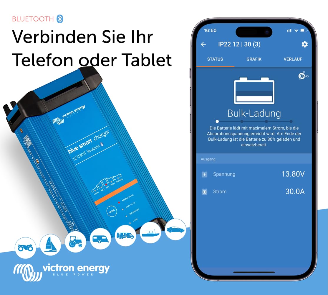 Victron Energy Blue Smart Batterie Ladegerät 12-Volt 30 Ampere 230V - Autobatterie Ladegerät - Batterieerhaltungsgerät und Desulfator - IP22 Geschützt - Bluetooth - 3 Ausgänge - CEE 7/7