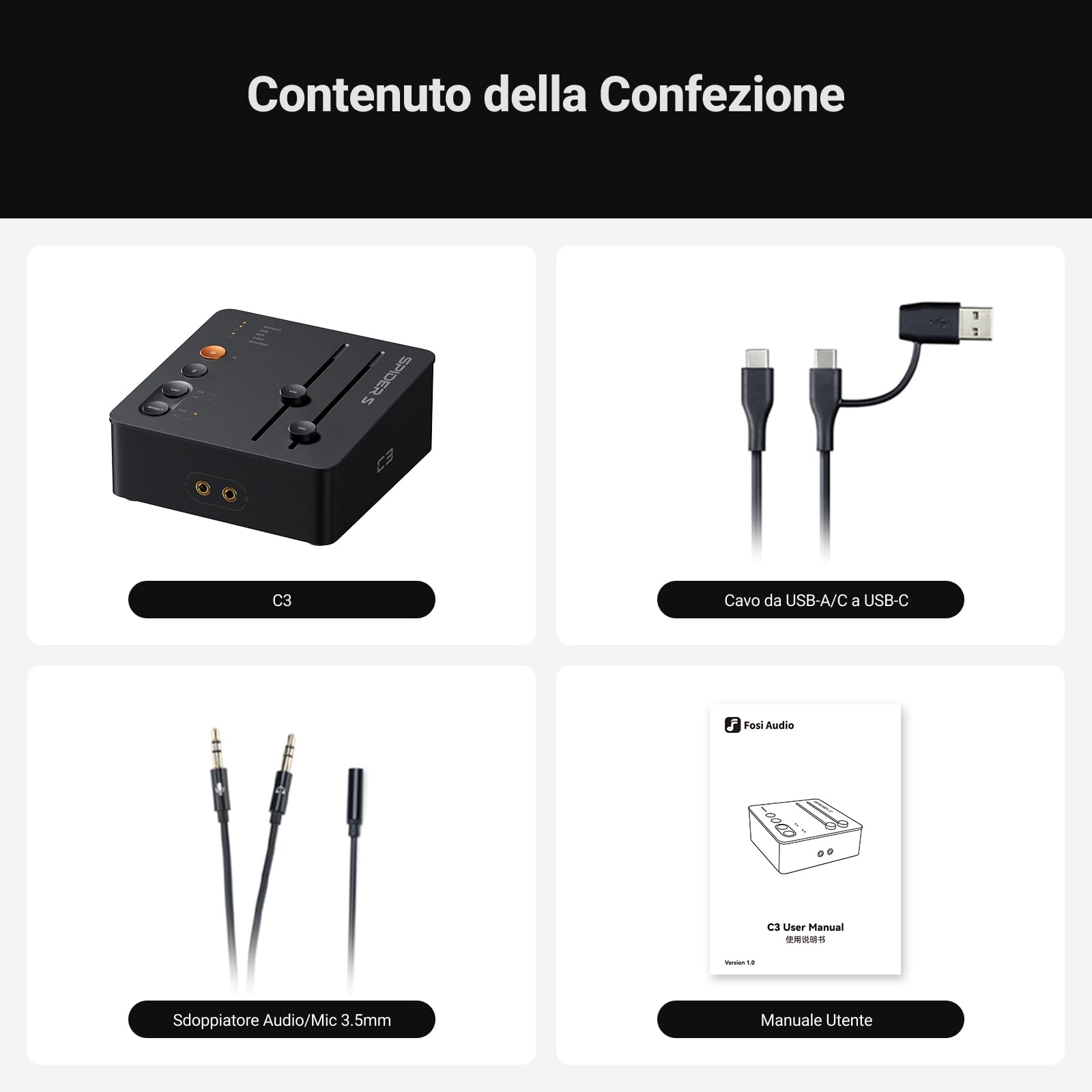 Fosi Audio C3 Scheda Audio USB PC, Gaming DAC con Audio Surround 7.1, Scheda Audio Esterna con XMOS XU316 e CS43131, Microfono Noise Cancelling per FPS, PS5, Switch, Laptop, Mac, Nero