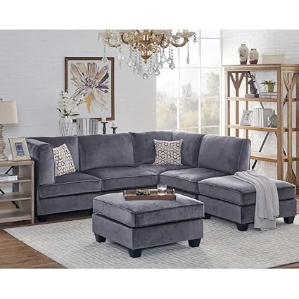 comfort couch Arnold 5 Seater Velvet L Shaped Corner Sectional Sofa with Ottoman for Living Room (Right Side,Grey Velvet)