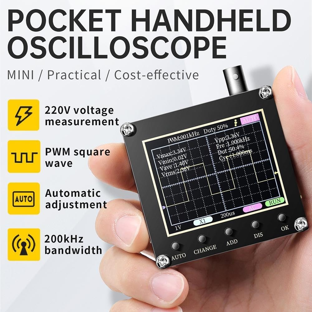 Zoegneer 138 PRO Digitales Oszilloskop, Einzelk, 2,4 Zoll LCD-Display, 200 kHz Bandbreite, 2,5 MSa/s, Abtastrate mit Typ-C-Kabel und Sonde (mit 10-fach-Sonde)