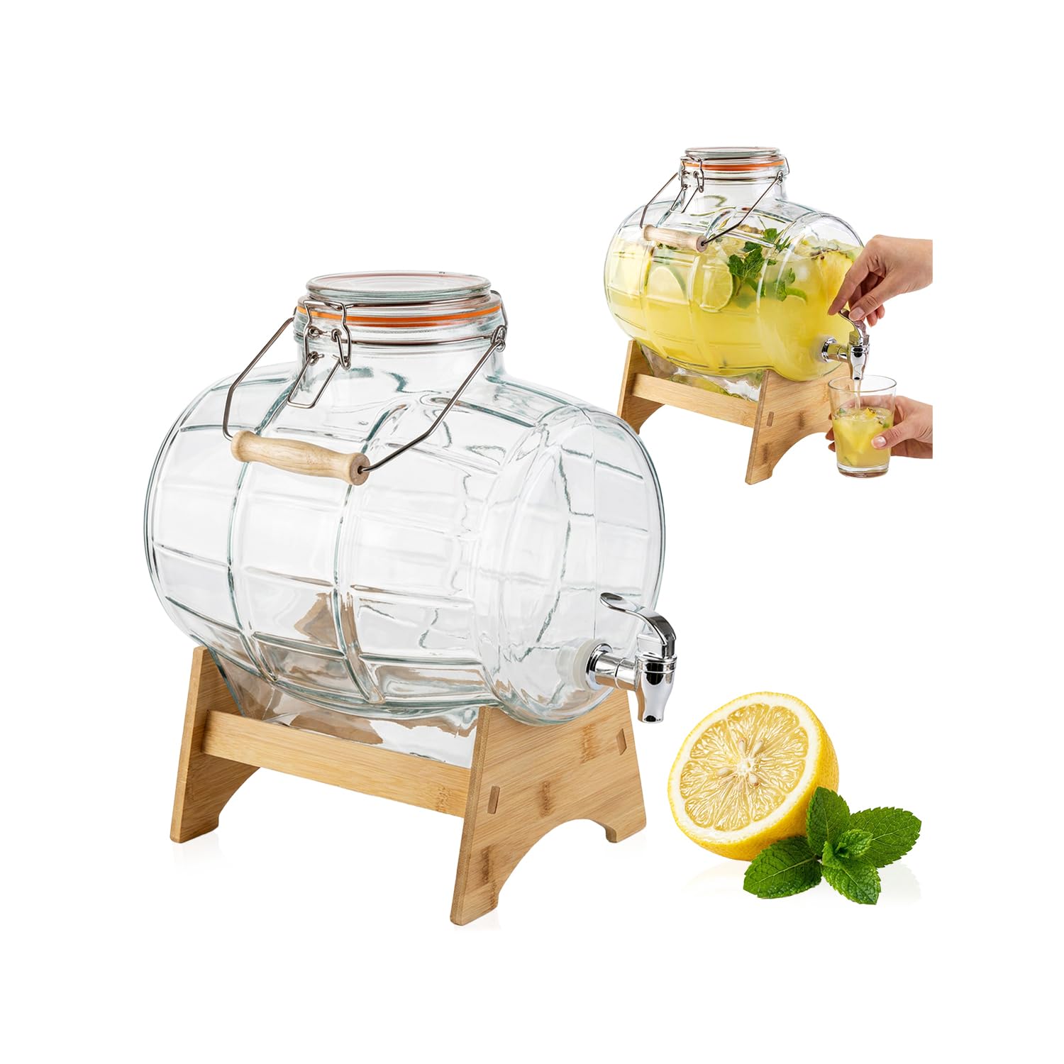 botte in vetro con rubinetto (supporto in legno, 8 l)