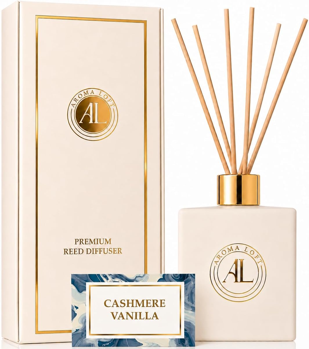 Juego de varillas difusoras de caña blanca en aceite con aroma a vainilla y cachemira | Difusores de varillas de larga duración para decoración del hogar, oficina, baño y dormitorio | Difusor de fragancias | Difusor Blanco | (5 onzas)