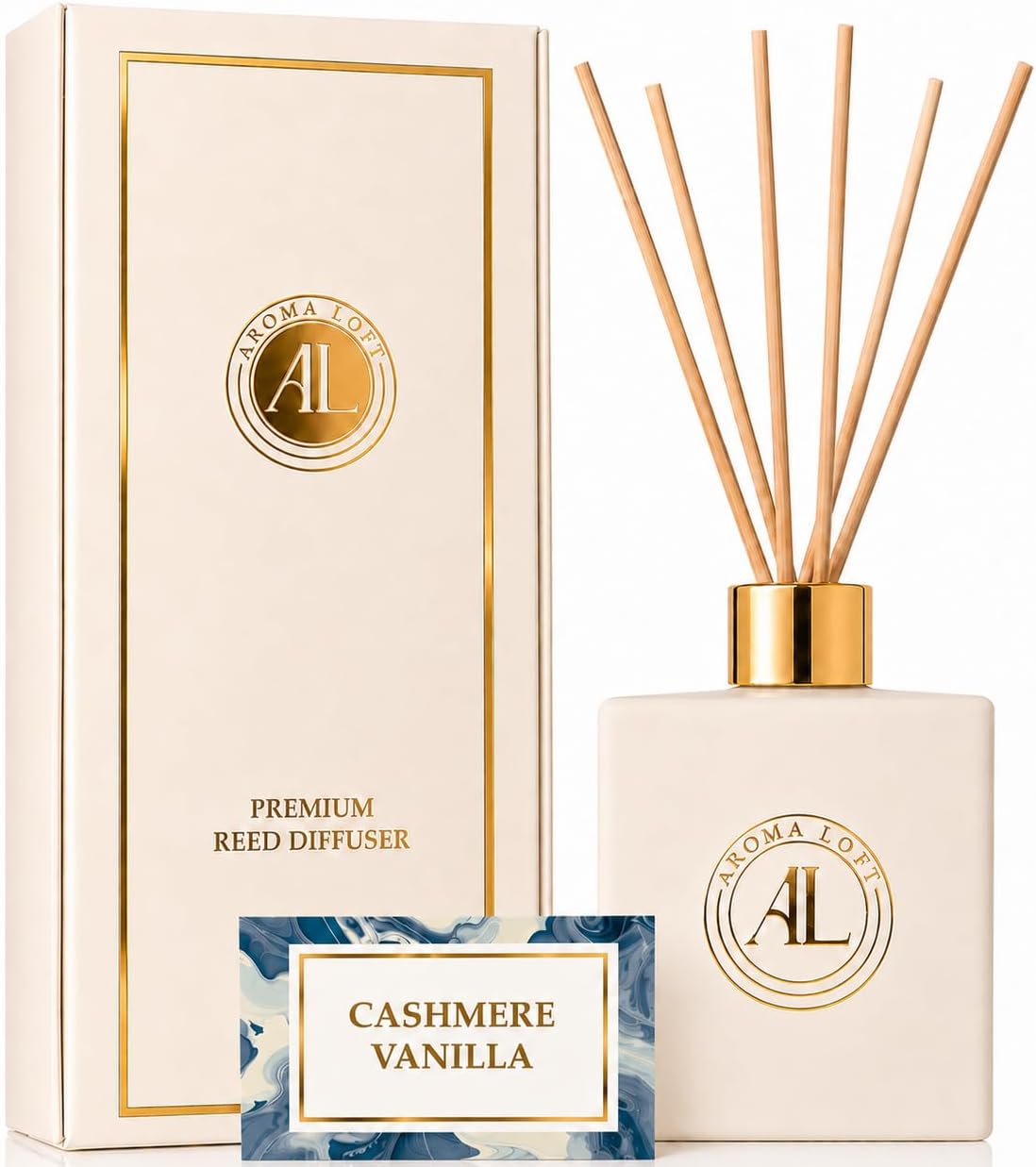 White Reed Diffusers Sticks in Oil Set with Cashmere Vanilla Scent | Long-Lasting Reed Diffusers for Home, Office, Bathroom, & Bedroom Decor Fragrance Diffuser | White Diffuser | (5 oz)
