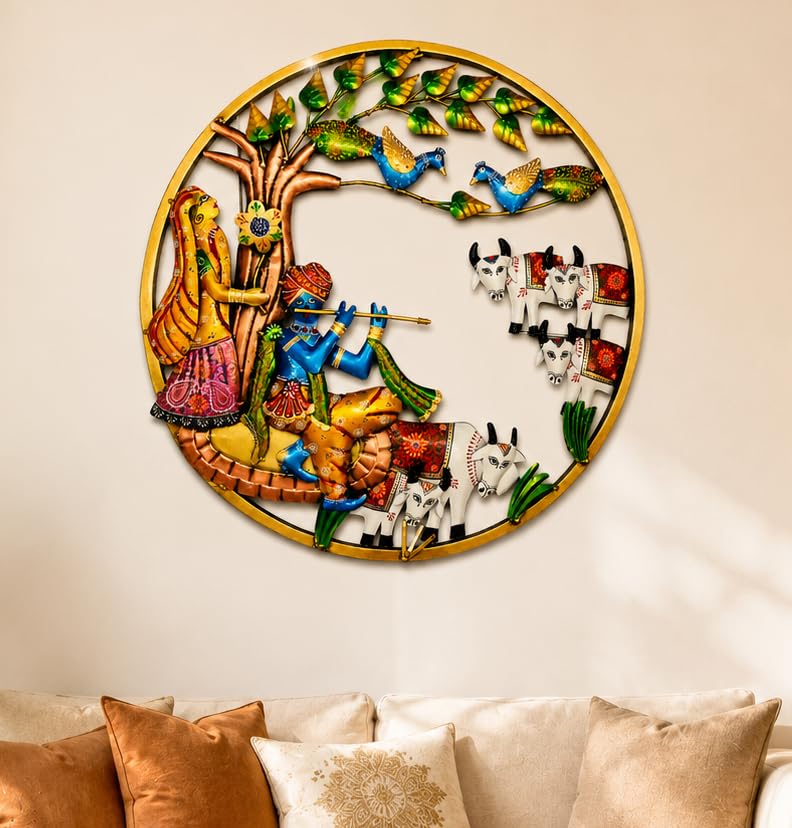 Image of iHandikart Krishna Radha Metal Wall Art for Living Room | Handmade Round Wall Sculpture with Peacock & Cow Design | Traditional Decorative Wall Hanging for Home, Bedroom, Hall & Office | 25 * 25 Inch