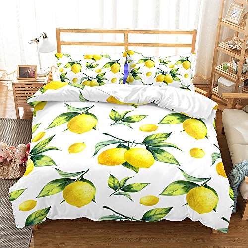 HATESAH Bettwäsche - Bettwäscheset Blumenmuster-Zitronen-Frucht-Dschungel-Weinlese Thailands grünes Blatt romantische Brasilien-Liebe Mikrofaser weich dreiteilig Mit 2 Kissenbezügen 135 * 200 3 Treer Bettwäsche 3 Teilig, 3D Bedding Bedrucktes Mikrofaser mit Reißverschluss Bettbezug und Kopfkissenbezüge Bequem Weich Haltbar Bettwäsche-Set (135x200cm,Zitrone)