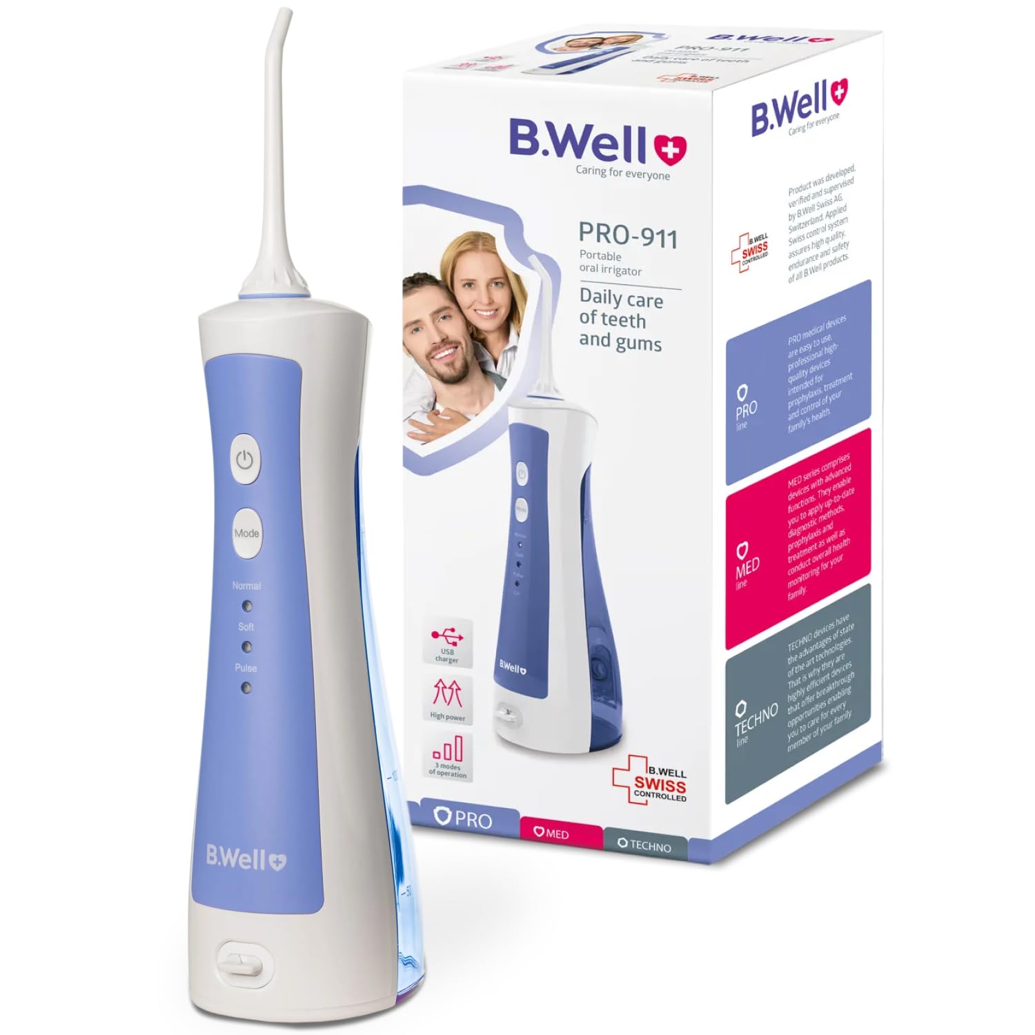 B.Well PRO-911 Tragbare Munddusche | Ideal für unterwegs, 45 Tage Akku | Schweizer Qualitätsstandards: Kompakt für unterwegs, 2 Düsen, 3 Modi und gründliche Mundpflege.