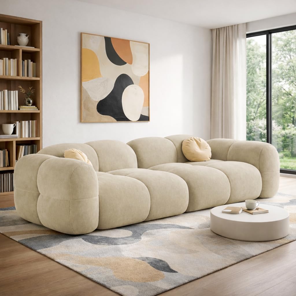 Vetras Modern Velvet Bubble Cloud Sofa, Tufted Design Upholstered 3 Seater Sofa Set for Living Room,(Cream Colour) Premium Velvet Fabric Sofa-image-21