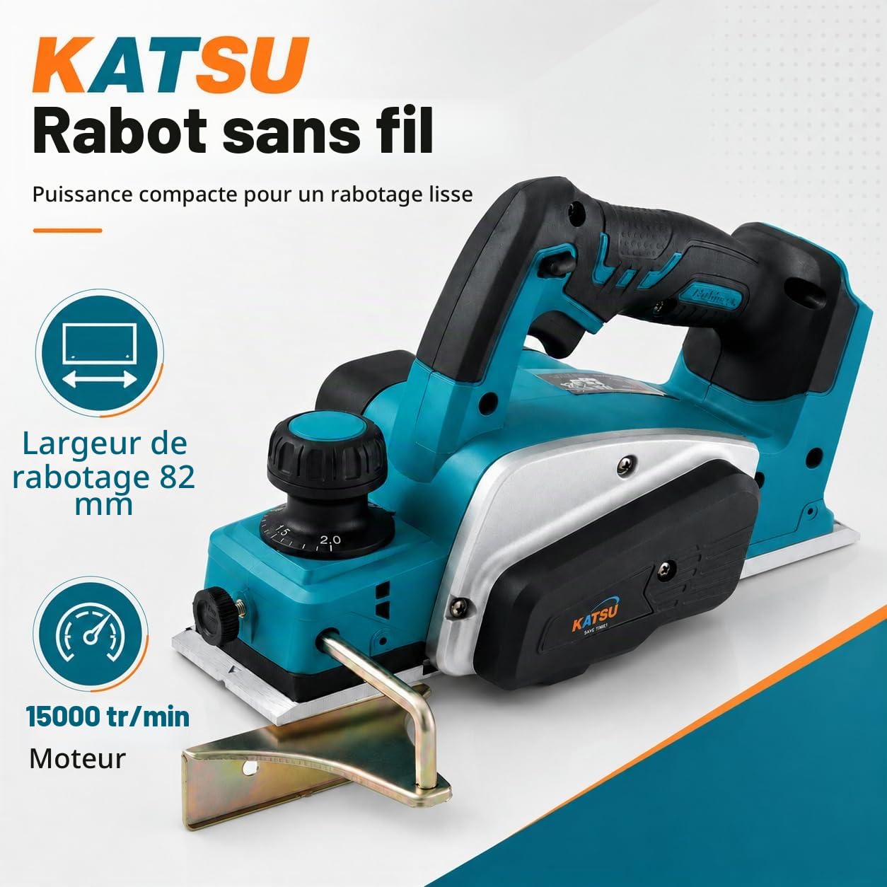 KATSU FIT-BAT 21V Rabot Sans Fil, Régime à Vide 15000RPM, Largeur de Rabotage 82mm et Profondeur 2mm, Raboteuse à Main électrique, Lames Supplémentaires Incluses, sans Batterie ni Chargeur