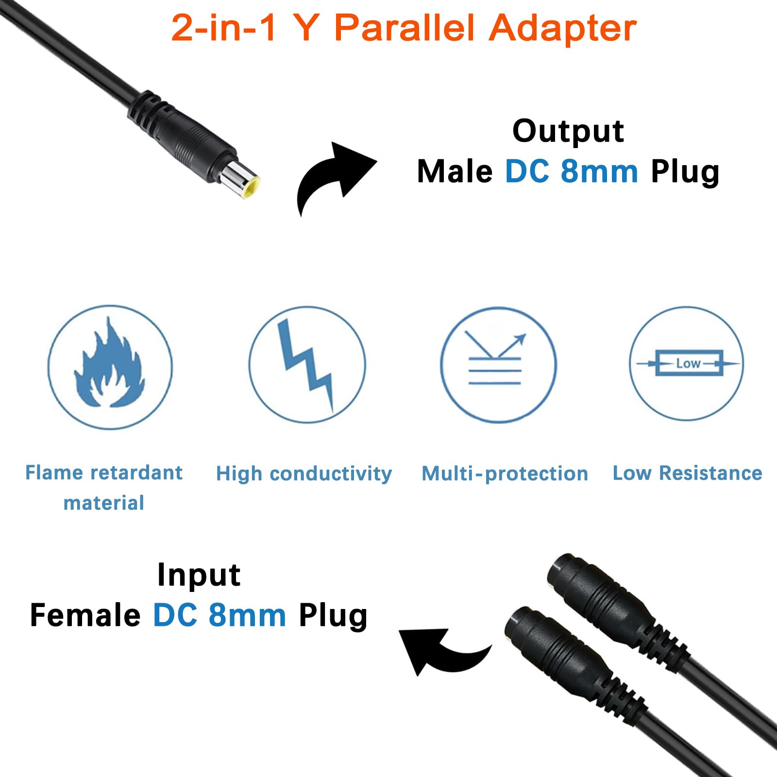 Kabel adaptera równoległego, 8 mm, solarny kabel łączący, gałąź Y, 27,2 cm, 10 A, 45 V, 300 W, ochrona przed prądem wstecznym, kompatybilny z Jackery