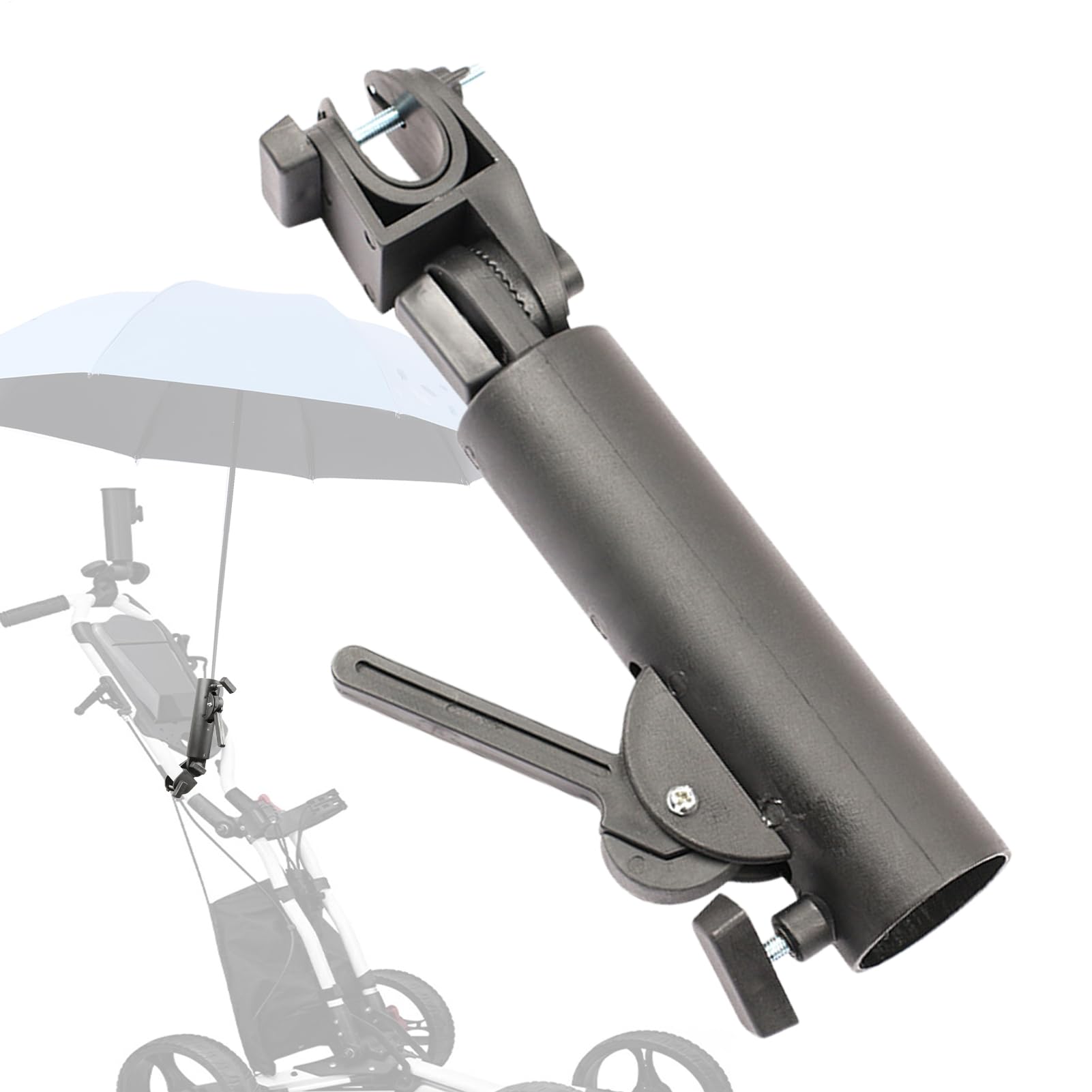 Heavy Duty Golf Umbrella Stand - Windproof ABS Cart Mount Holder, Universal Fitting For Golf Push Cart Handles | Beach Chair Mobility Scooter Attachment, Secure Clamp Design Outdoor Accessory