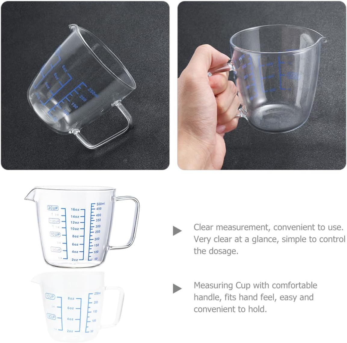 Lurrose 2Pcs Heat-Resistant Glass Measuring Cups with Scale, High Borosilicate Mixing Cups for Kitchen Baking and Coffee, 250Ml 500Ml Household Liquid Measuring Tools