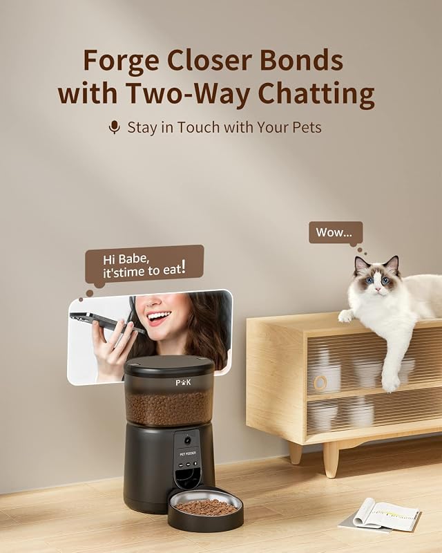 PUPPY KITTY Automata Macska Etető 1080P Kamerával - WiFi Applikációs Vezérlés, Éjjellátó, Rozsdamentes Tál, Napi 1-8 Etetés, 4L Kapacitás - black