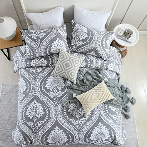 Cotton Duvet Cover Queen Size - 100% Cotton 400Tc Gray Floral Damask Paisley Pattern Comforter Cover Set, 3 Pcs Bedding Set, 1 Duvet Cover 90 X 90 Inches And 2 Pillow Shams (No Comforter) #TOP2