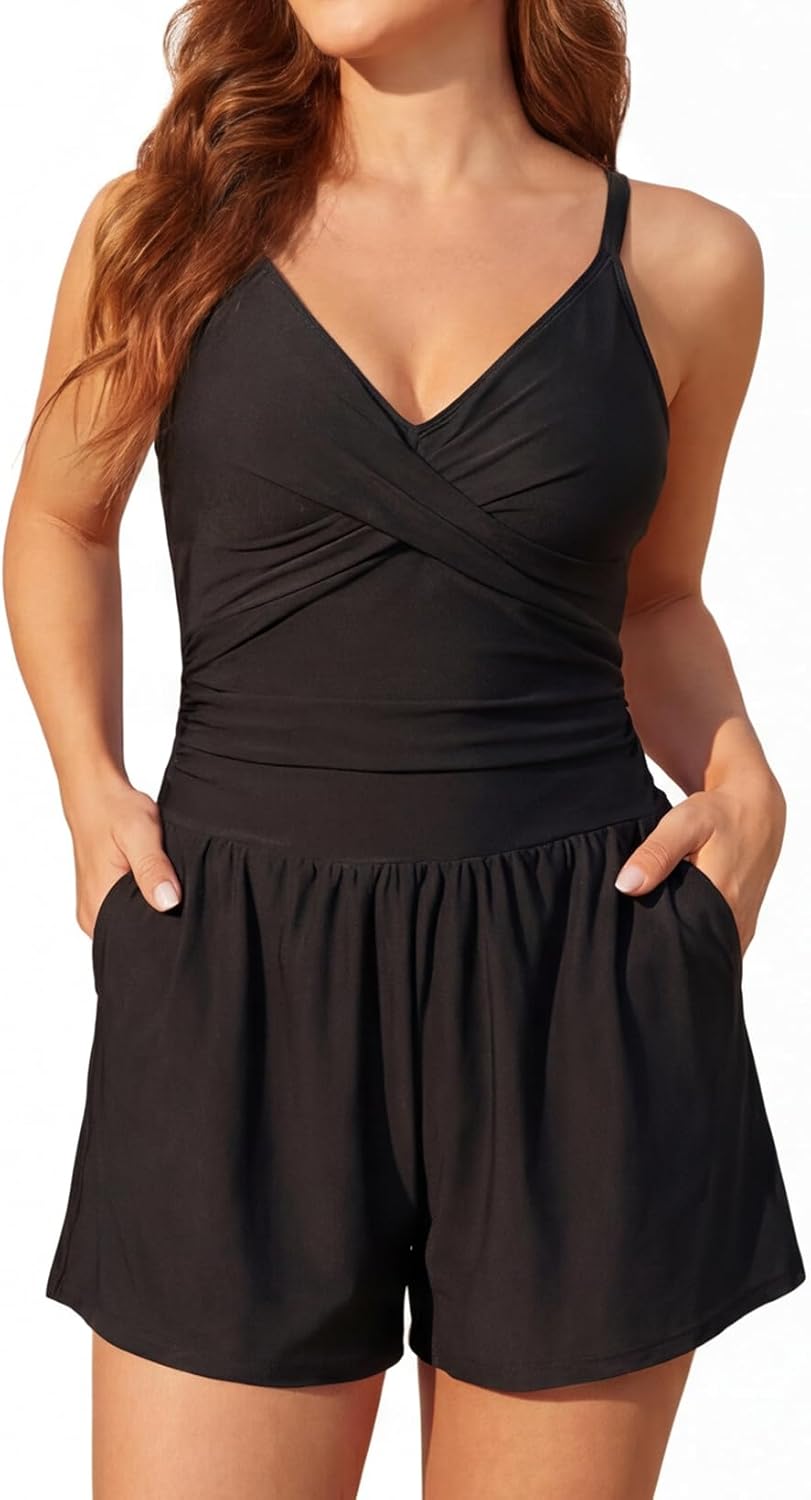 Smismivo Women's Swim Romper One Piece Tummy Control Swimsuits with Shorts and Pockets Modest Bathing Suits Full Coverage