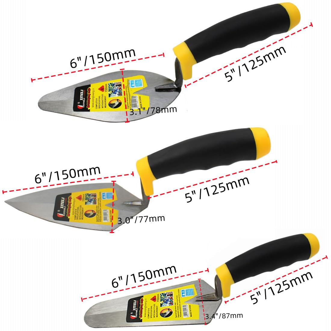 Lot de 3 truelles de maçonnerie, truelle à marge, truelle pointue, produits de construction, outil professionnel pour sol de maçonnerie (15,2 cm)