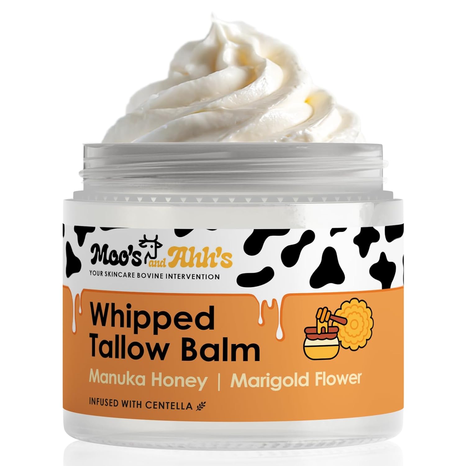 Moo's and Ahh's Whipped Tallow Balm - Beef Tallow for Skin with Organic Centella and Olive Squalane | Grass-Fed Beef Tallow Face & Body Moisturizer for Dry Skin (2 Oz, Manuka Honey + Marigold Flower)