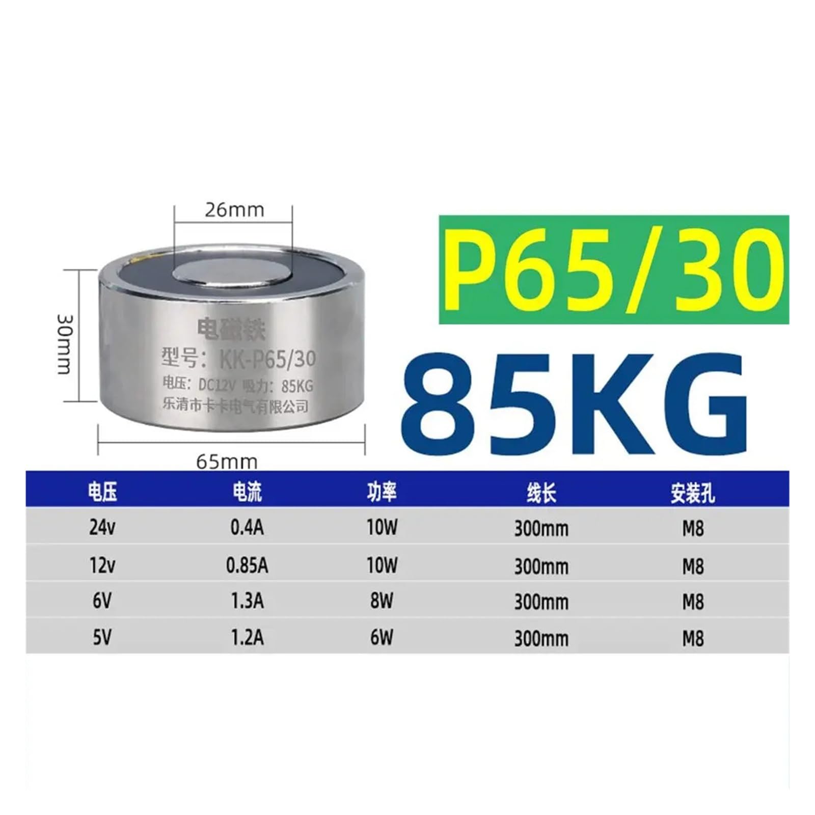 P65/30 85kg M8 DC Electromagnet, Industry Small Round Strong Electric Chuck Lifting Iron Suction Stone, DC 12V 24V Suction Cup(DC 24V)