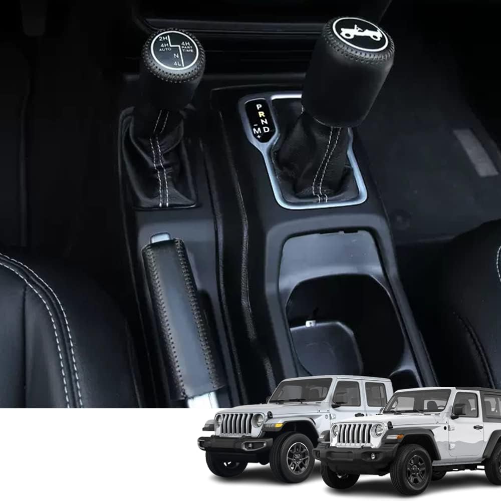 Custom Interior Accessories 3PCS for Jeep Wrangler JL/JLU 2018-2023 Gladiator JT 2020-2023 Handbrake Brake Cover & Gear Shift Knob Cover & Drive Mode Shift Knob Cover Trim(Red Stitching)