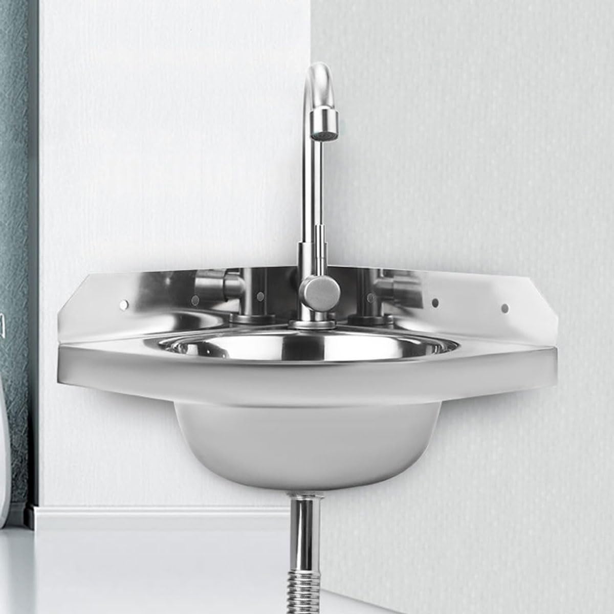 Wandmontierte Edelstahl-Eckspüle mit Wasserhahn und Abfluss, ideal für Wohnmobil, Boot, Badezimmer, Küche und WC
