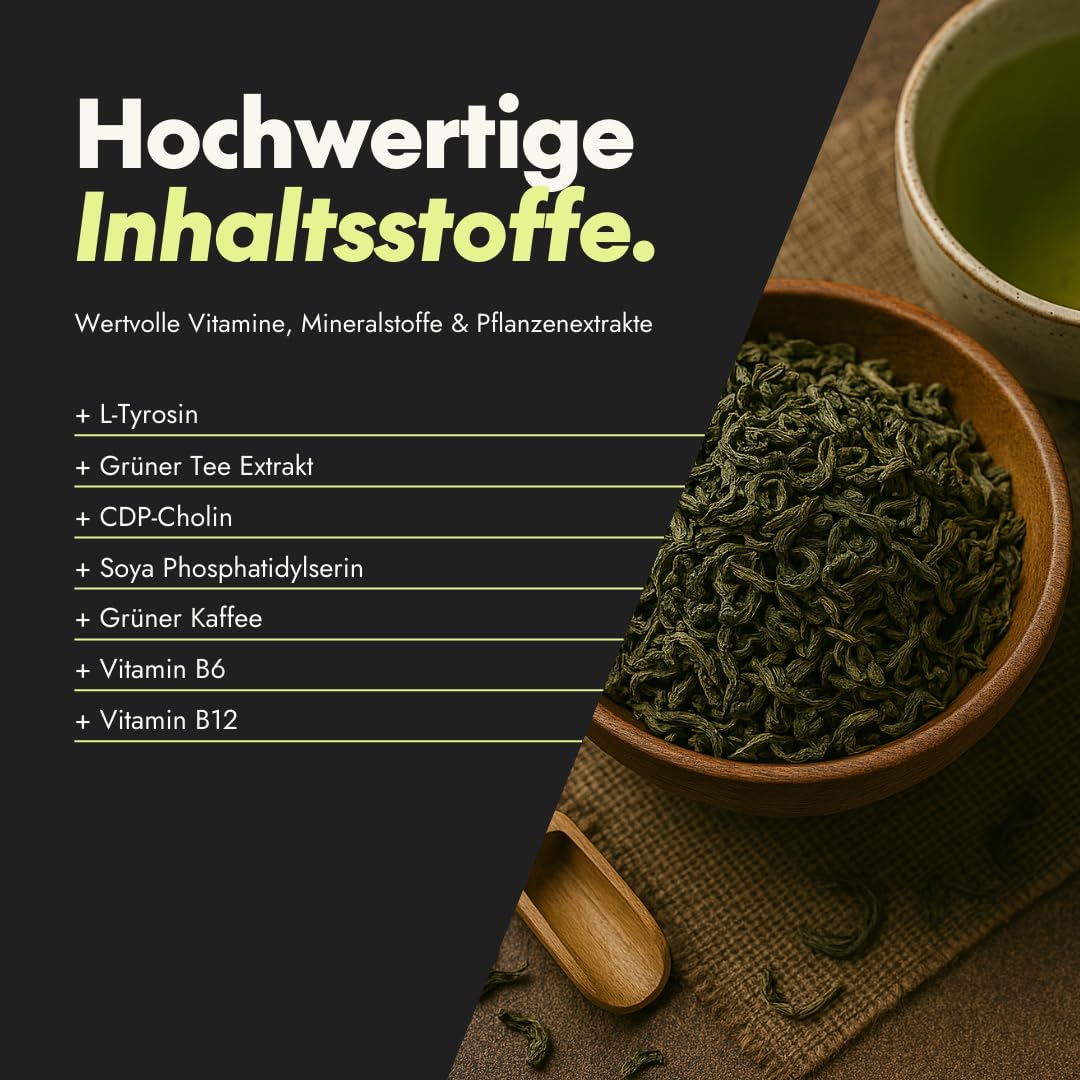 serotalin Active Brain Genius Focus | Estratto di caffeina, tè verde, L-teanina, L-tirosina e B12 ad alto dosaggio | 100% Vegan & Made in Germany | 60 capsule