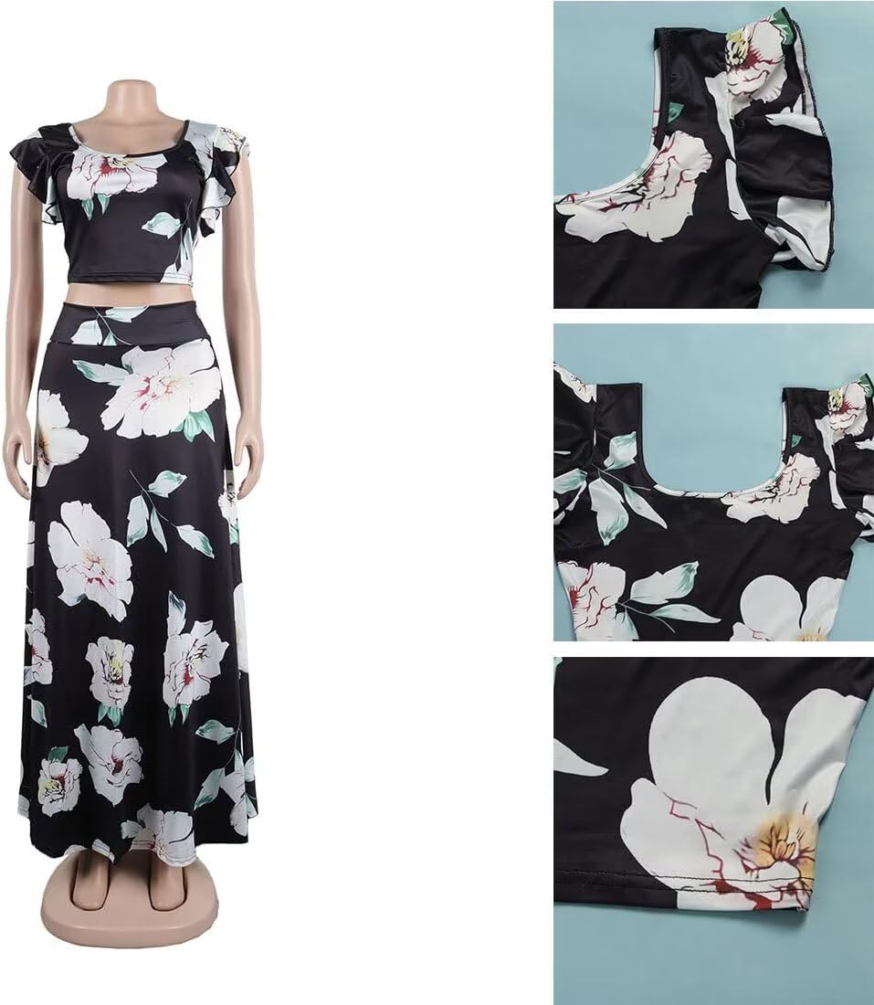 2 Piece Outfits for Women Sexy Skirt Set Ruffle Printed Crop Top and Boho Tropical Maxi Dress Sets - Image 2