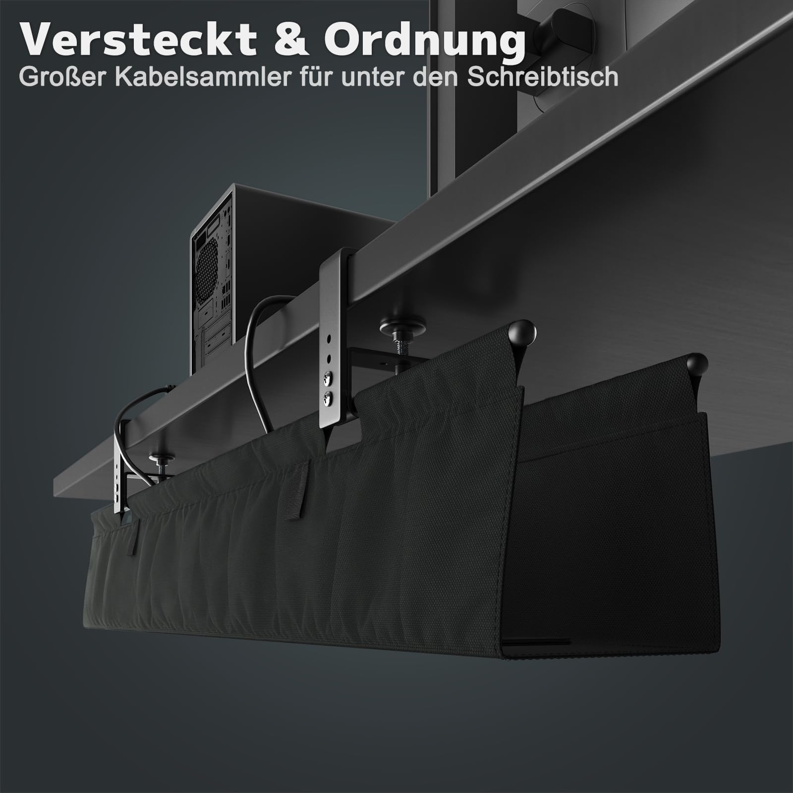 Kabelkanal Schreibtisch Ohne Bohren, 90cm Unter dem Kabelmanagement Schreibtisch mit Klemmen/Schraubmontage, Stabiler & Wasserdichter Stoff-Kabelorganizer für Zuhause und Büro, Schwarz