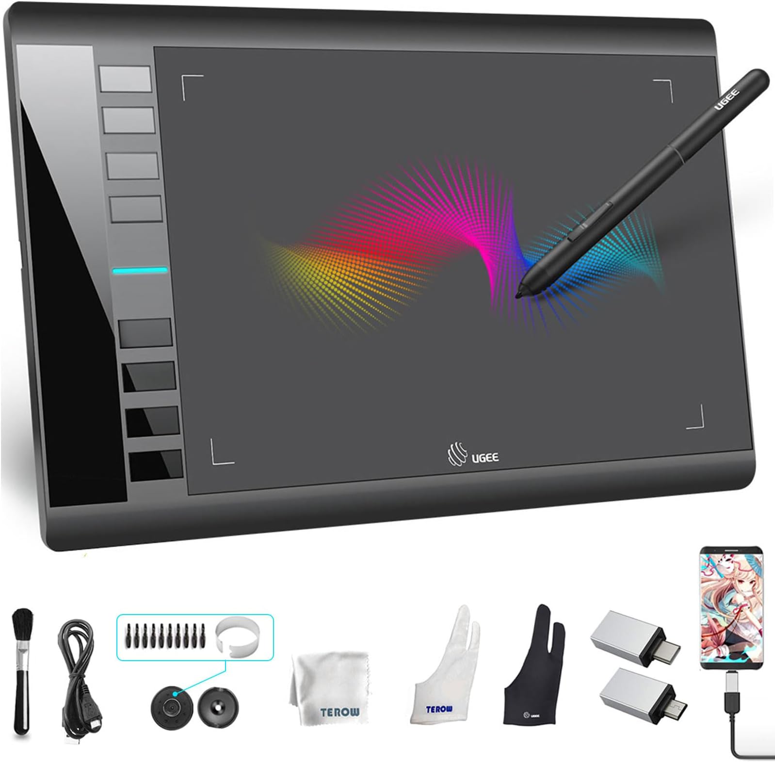 Graphics Tablet M708 UGEE 10 x 6 inch Android Supported Large Active Area Drawing Tablet with 8 Hot Keys, 8192 Levels Pen, Compatible with Windows 10/8/7 Mac Os Artist, Designer, Amateur