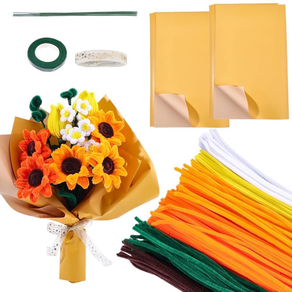 SUNNYCLUE 144pcs Pipe Cleaner Kit Chenille Stems Flower Yellow Sunflower Floral Fall Pipe Cleaner Creative Ornaments Craft DIY Kit with Video Instruction for DIY Art Crafts Creative Gifts Projects