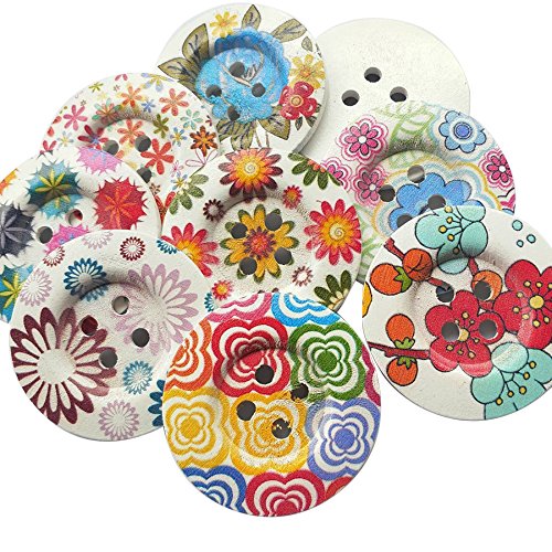 Chenkou Craft20pcs Large Mix Lots Round Flower Wood Buttons 4 Holes Craft Sewing Button (50mm)