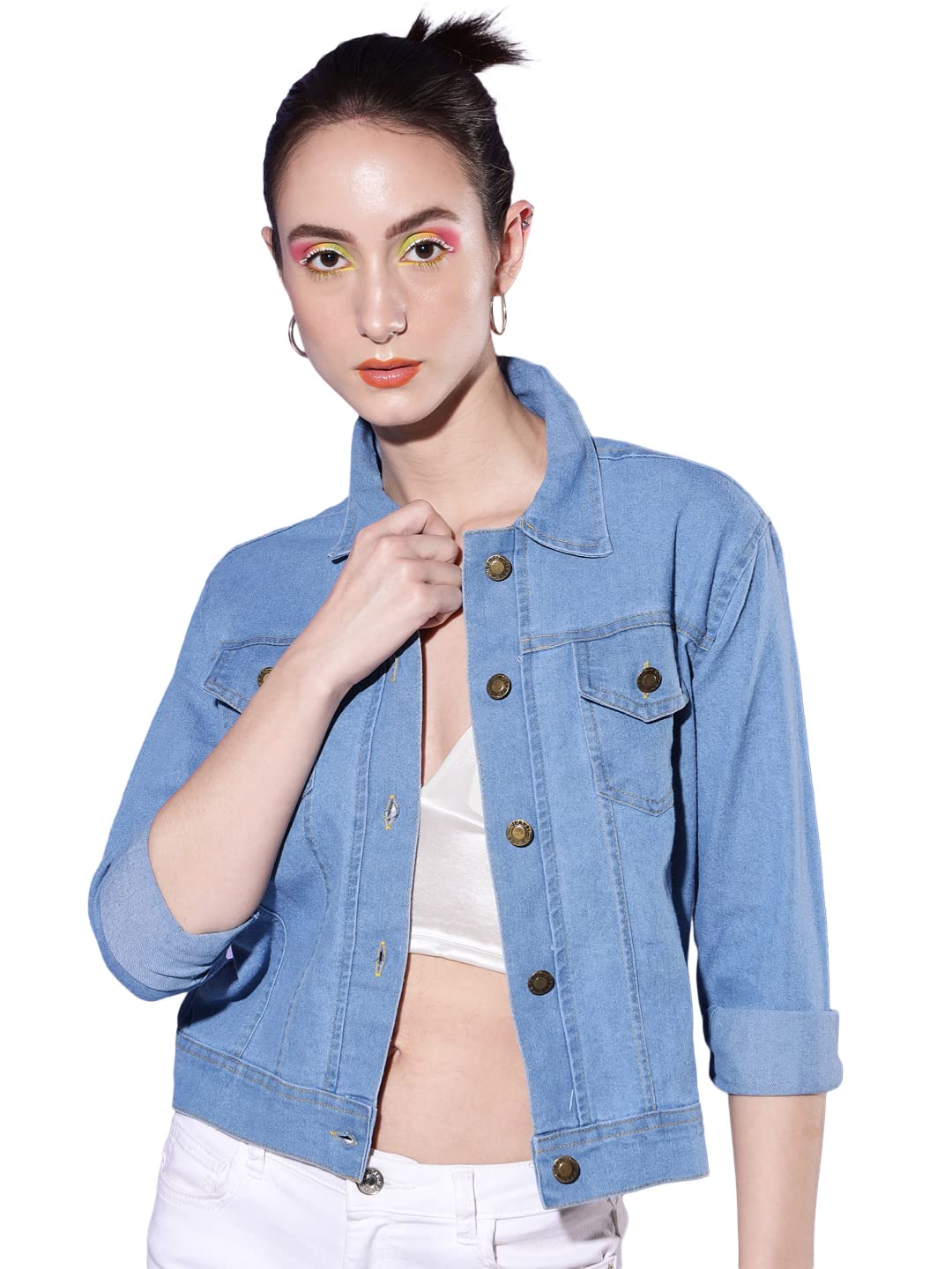 Button Down Solid Women Denim Jacket-picture-54