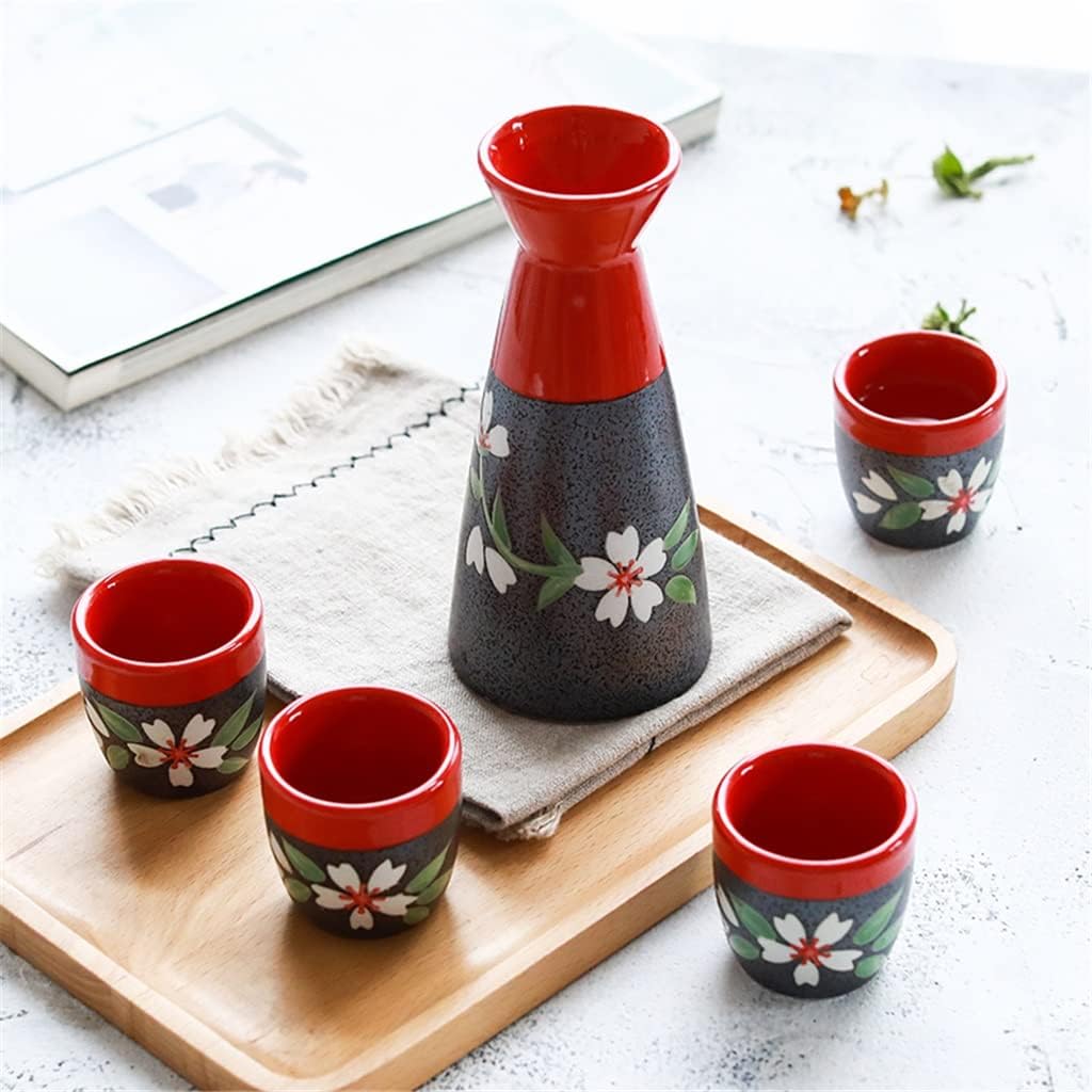 Traditional Sake Set,Wine Set Japanese Sake Set Ceramic Flagon Wine Pot with Drinking Cup Wine Glasses Bar Set,Red,1 Set