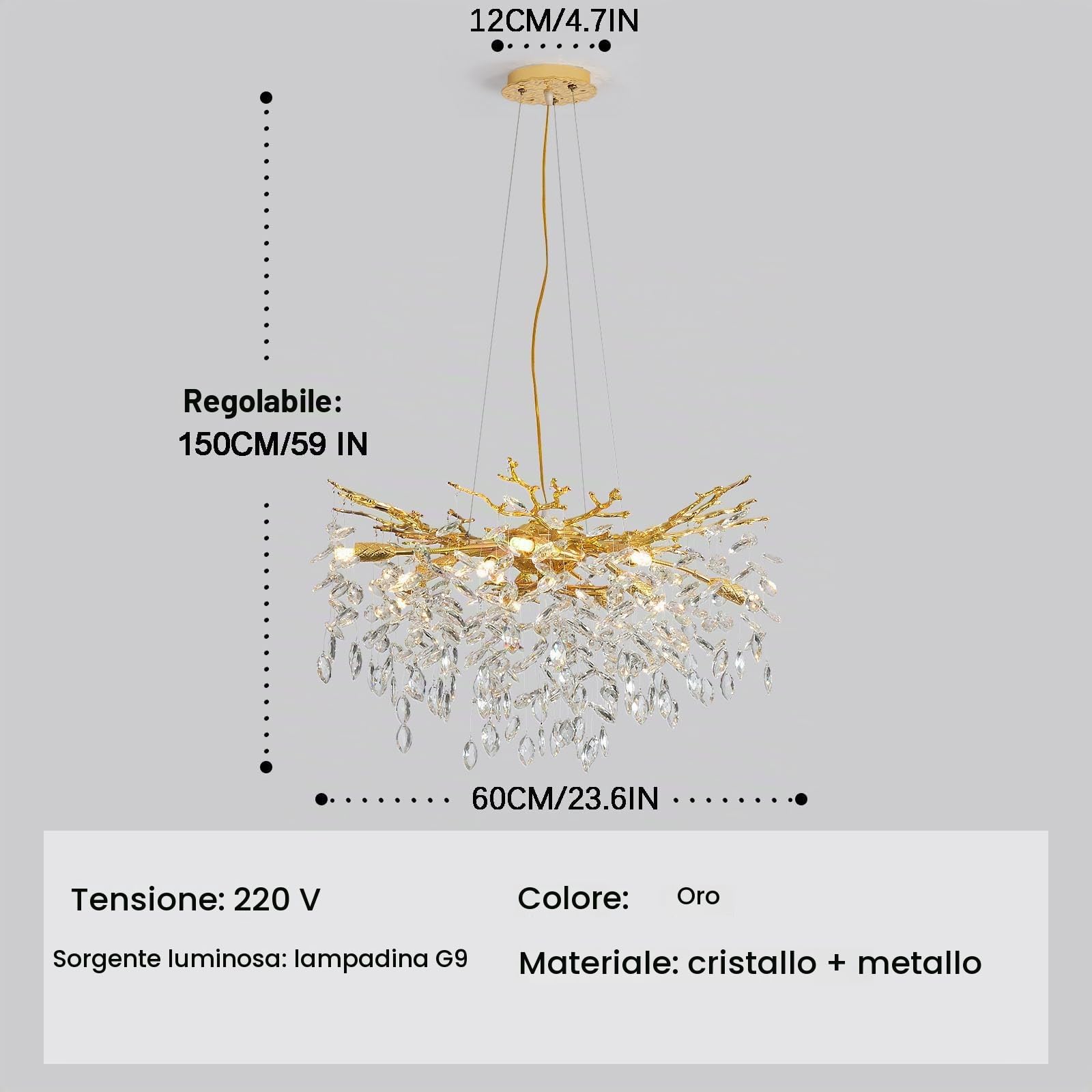 Lampadario Sala Da Pranzo Di K9 Cristallo Moderni,Lampadario Soggiorno Forma di Ramo Dorato,Rotondo Lampada A Sospensione Di 10 Luci Per Cucina Salotto Camera Da Letto(D60 Cm)